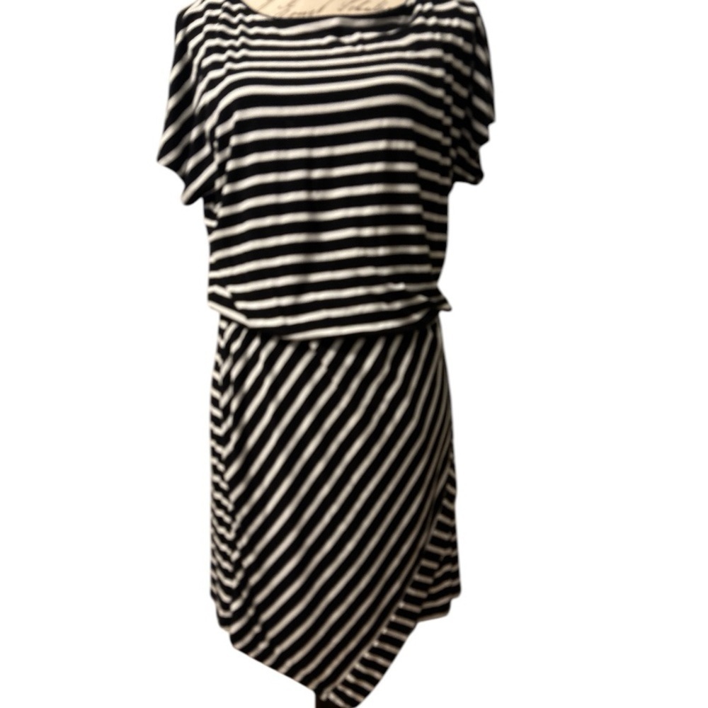 WHITE HOUSE BLACK MARKET dress, black and white stripe, faux wrap, size Medium.